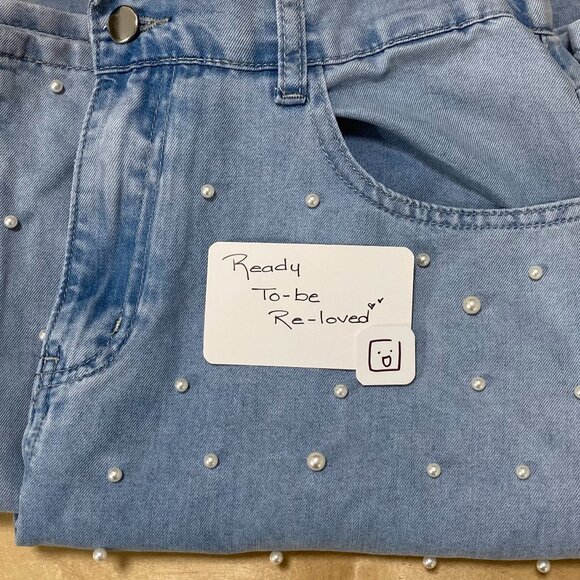 Light Blue Pearl Embellished Wide Leg High Rise Chunky L Women's Jeans - Picture 9 of 9